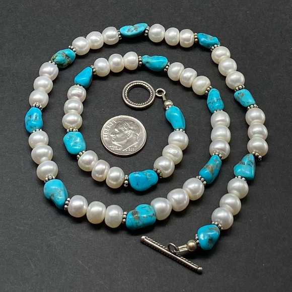 Vintage Sterling Silver Turquoise & Pearl Necklace - Picture 4 of 4